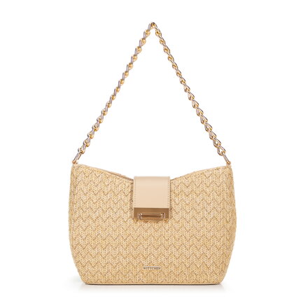 Damska torebka crossbody pleciona beżowo - złota 100-4Y-415-99