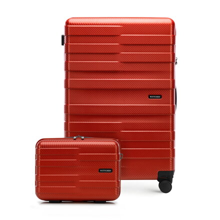 Duża walizka i kosmetyczka z polikarbonu w poziome pasy czerwone 56-3P-583-30K