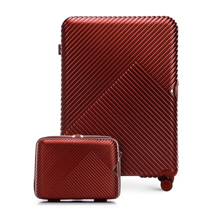 Duża walizka i kosmetyczka z polikarbonu w paseczki burgundowe 56-3P-843-35K