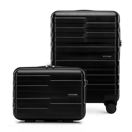 Walizka kabinowa i kosmetyczka z polikarbonu w poziome pasy czarne 56-3P-581-10K