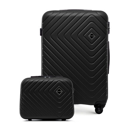 Średnia walizka i kosmetyczka z ABS-u z geometrycznym tłoczeniem czarne 56-3A-752-11K