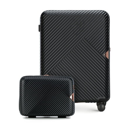 Średnia walizka i kosmetyczka z polikarbonu w paseczki czarne 56-3P-842-10K