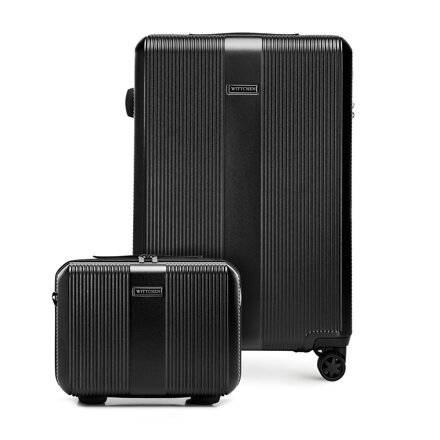 Średnia walizka i kosmetyczka z polikarbonu w pionowe tłoczenia czarne 56-3P-902-11K