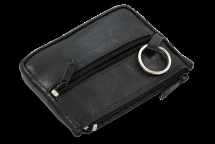 Čierna kožená kľúčenka s dvoma zipsovými a poklopovým vreckom 619-0373-60