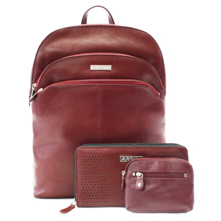 Vínovo červená sada dámskeho batohu, peňaženky a kľúčenky 412-8955-4722-8104-34