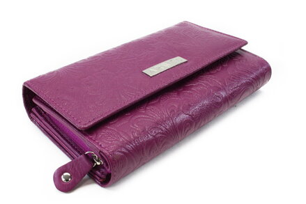 Fuchsiová dámska kožená klopnová peňaženka so vzorom 511-2235-36