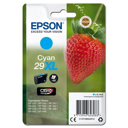 Epson originál ink C13T29924012, T29XL, cyan, 6,4ml, Epson Expression Home XP-235,XP-332,XP-335,XP-432,XP-435, azurová