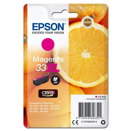 Epson originál ink C13T33634012, T33XL, magenta, 8,9ml, Epson Expression Home a Premium XP-530,630,635,830, purpurová