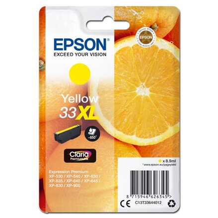 Epson originál ink C13T33644012, T33XL, yellow, 8,9ml, Epson Expression Home a Premium XP-530,630,635,830, žltá