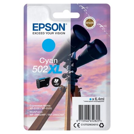 Epson originál ink C13T02W24010, 502XL, T02W240, cyan, 470str., 6.4ml, Epson XP-5100, XP-5105, WF-2880dwf, WF2865dwf, azurová