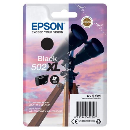 Epson originál ink C13T02W14010, 502XL, T02W140, black, 9.2ml, Epson XP-5100, XP-5105, WF-2880dwf, WF2865dwf, čierna