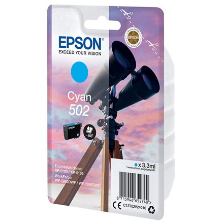 Epson originál ink C13T02V24020, 502, T02V240, cyan, 165str., 3.3ml, Epson XP-5100, XP-5105, WF-2880dwf, WF2865dwf, azurová