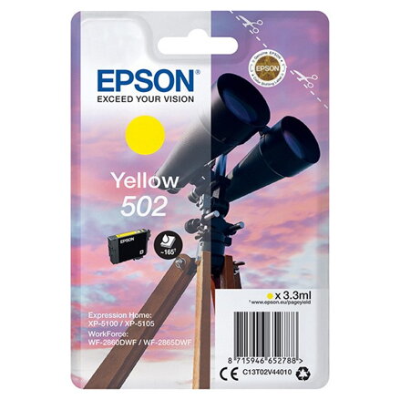 Epson originál ink C13T02V44020, 502, T02V440, yellow, 165str., 3.3ml, Epson XP-5100, XP-5105, WF-2880dwf, WF2865dwf, žltá