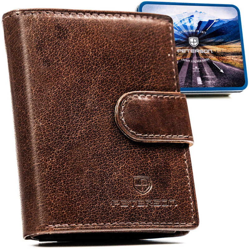 Portfel męski ze skóry naturalnej w brązowym kolorze, model zamykany zatrzaskiem - Peterson