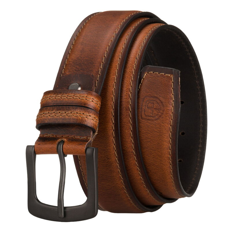 Skórzany, brązowy pasek męski z klasyczną klamrą i dwiema szlufkami - Peterson Skórzany, brązowy pasek męski z klasyczną klamrą i dwiema szlufkami - Peterson