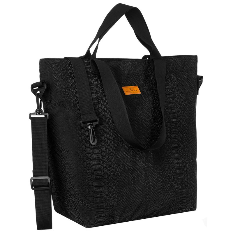 Duży shopper damski z poliestru w czarnym kolorze pokryty zwierzęcym wzorem - Rovicky Duży shopper damski z poliestru w czarnym kolorze pokryty zwierzęcym wzorem - Rovicky