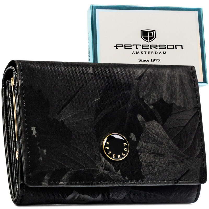 Poziomy portfel damski ze skóry naturalnej i ekologicznej w czarnym kolorze zamykany zatrzaskiem - Peterson