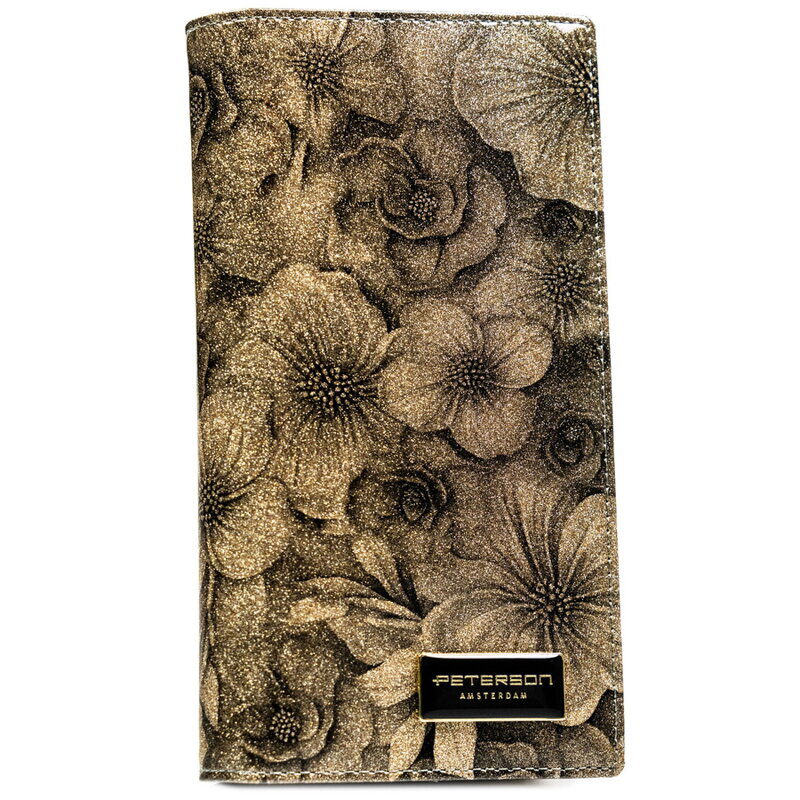 Vertikálna, lakovaná peňaženka v zlatej farbe s kvetinovým vzorom - Peterson