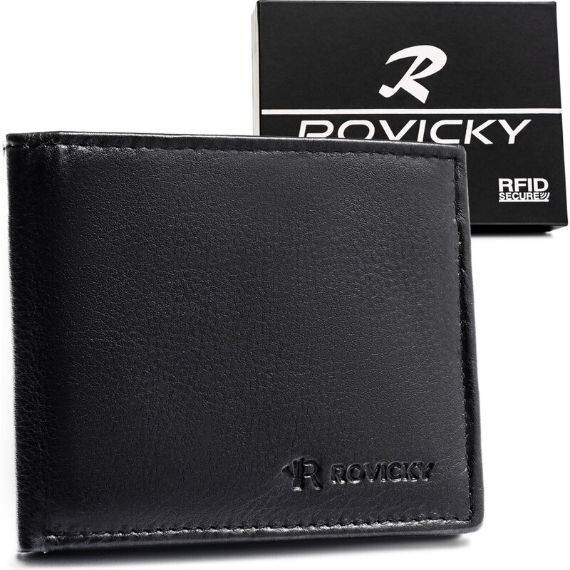 Mały, czarny portfel męski ze skóry naturalnej wyposażony w system RFID - Rovicky