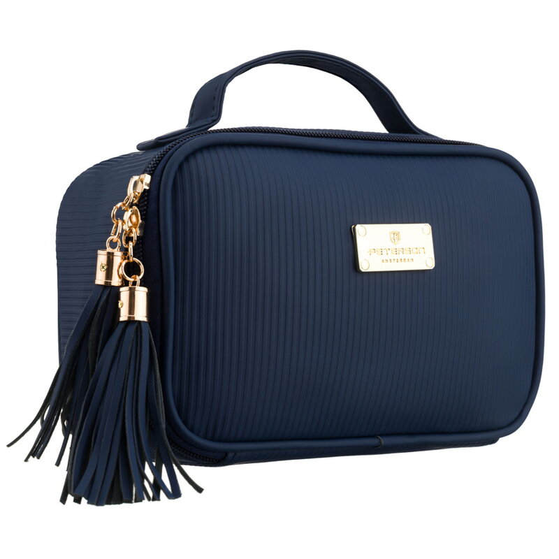 Granatowa kosmetyczka z tkaniny syntetycznej wyposażona w cztery przegródki, jednokomorowa - Peterson Granatowa kosmetyczka z tkaniny syntetycznej wyposażona w cztery przegródki, jednokomorowa - Peterson