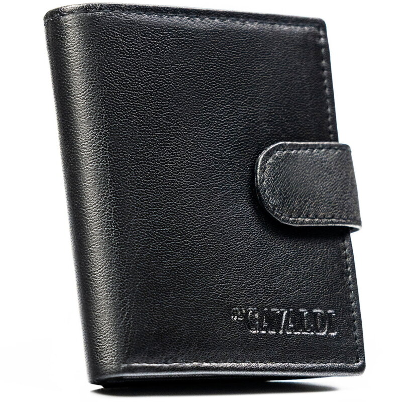 Pionowy, czarny portfel męski ze skóry naturalnej z systemem RFID zamykany zatrzaskiem - 4U Cavaldi