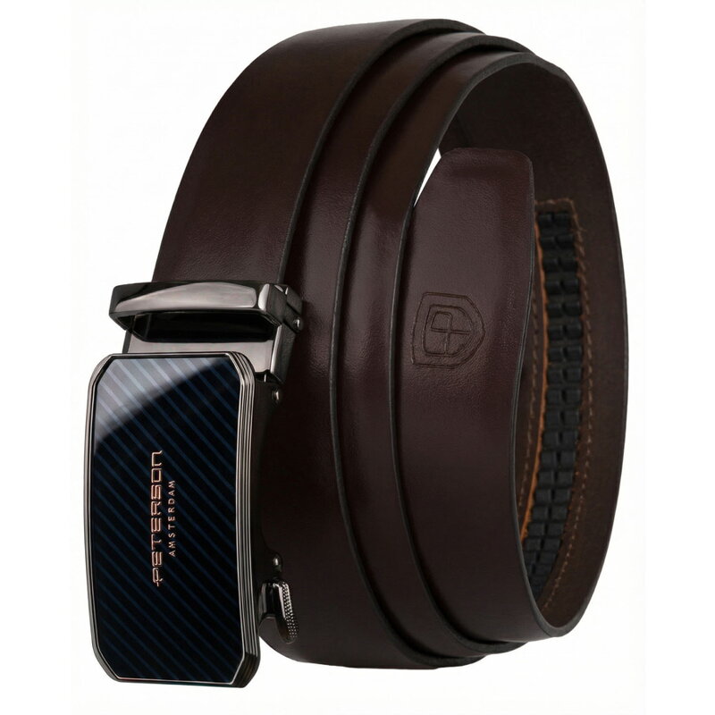 Pasek męski w ciemnobrązowym kolorze z automatyczną, czarną klamrą - Peterson