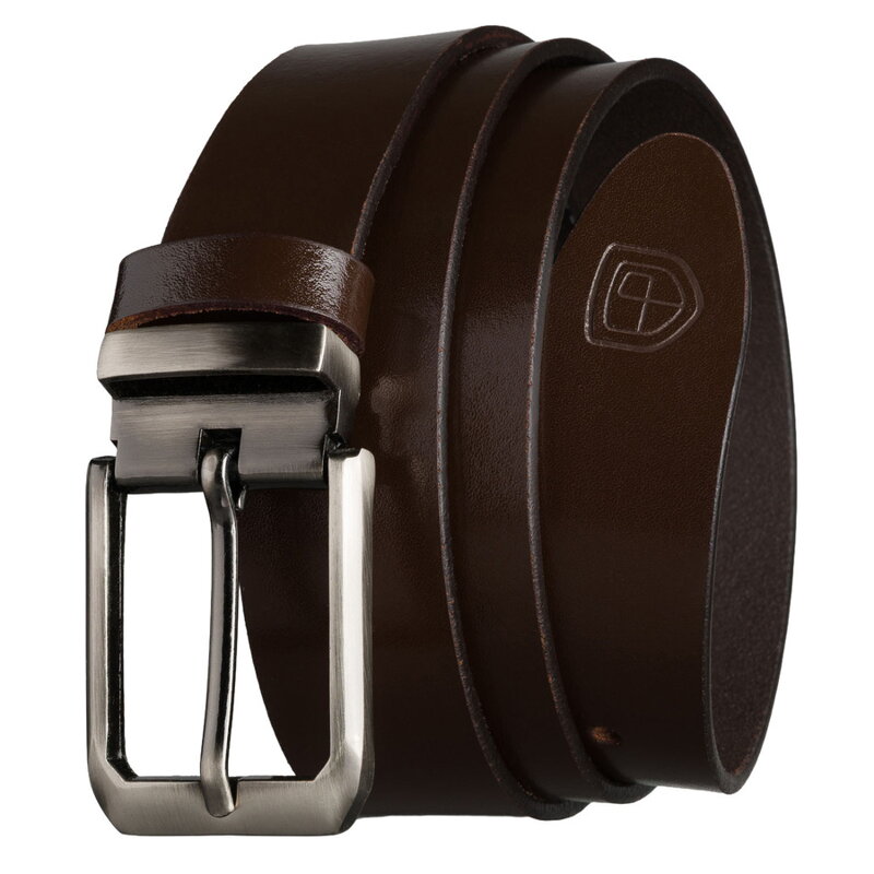Skórzany, elegancki pasek męski w brązowym kolorze ze srebrną, klasyczną klamrą - Peterson
