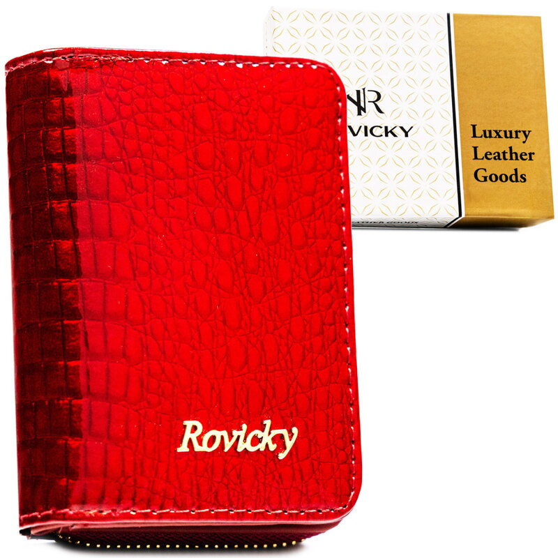 Lakierowany, skórzany portfel damski w czerwonym kolorze zamykany suwakiem - Rovicky Lakierowany, skórzany portfel damski w czerwonym kolorze zamykany suwakiem - Rovicky
