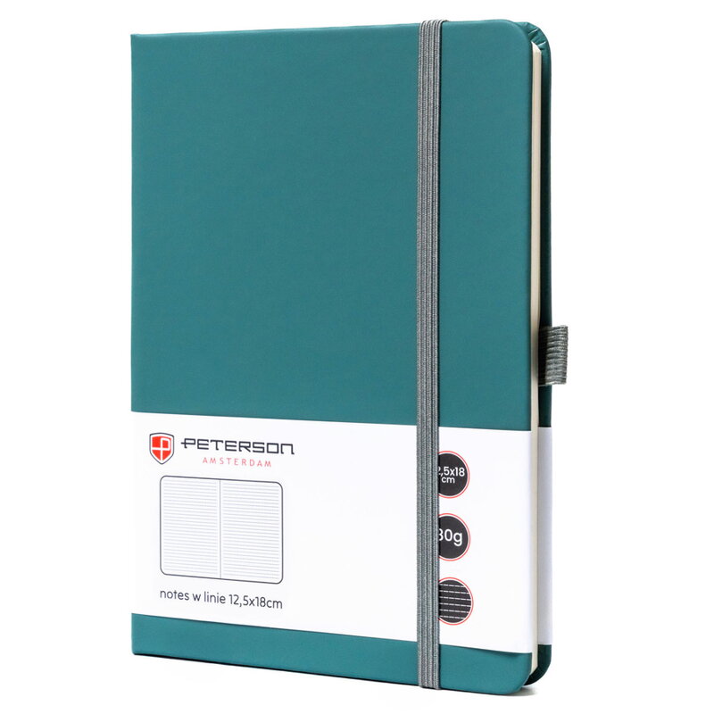 Zielony notes w formacie B6 zadrukowany w linie, wyposażony w pętelkę na długopis - Peterson