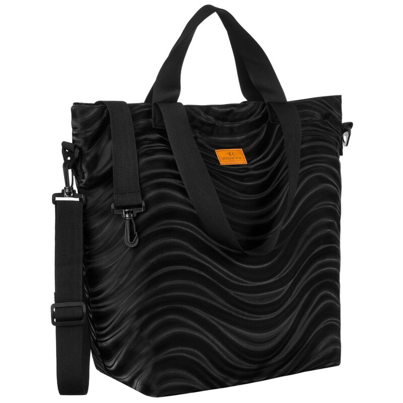 Shopper damski z poliestru w czarnym kolorze pokryty falistym wzorem - Rovicky Shopper damski z poliestru w czarnym kolorze pokryty falistym wzorem - Rovicky