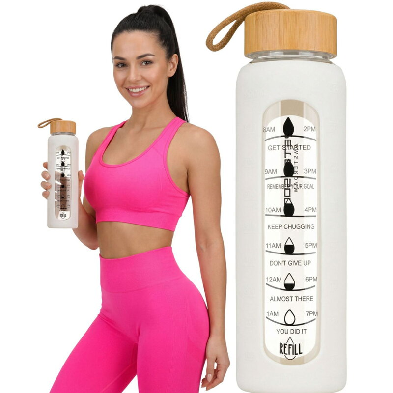 Sklenená fľaša na vodu 960 ml so silikónovým obalom s motivačnou stupnicou v béžovej farbe – Peterson