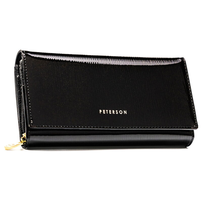 Portfel damski ze skóry naturalnej w czarnym kolorze, wyposażony w system RFID - Peterson
