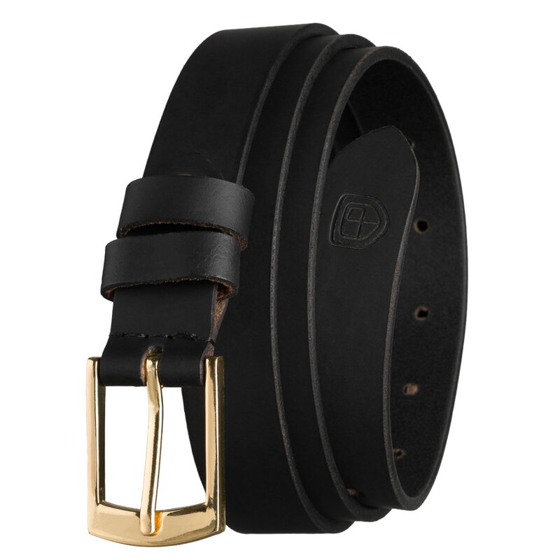Skórzany pasek damski w czarnym kolorze ze złotą, klasyczną klamrą - Peterson