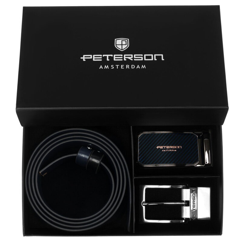 Zestaw prezentowy: dwustronny pasek skórzany w granatowym i czarnym kolorze - Peterson