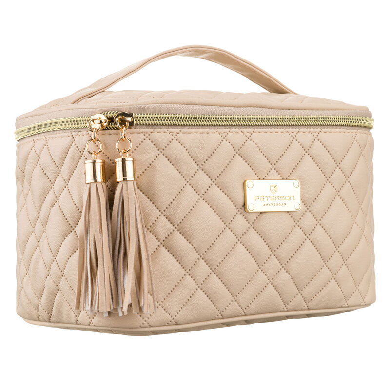 Jednokomorowa, beżowa kosmetyczka z tkaniny syntetycznej zamykana suwakiem - Peterson Jednokomorowa, beżowa kosmetyczka z tkaniny syntetycznej zamykana suwakiem - Peterson