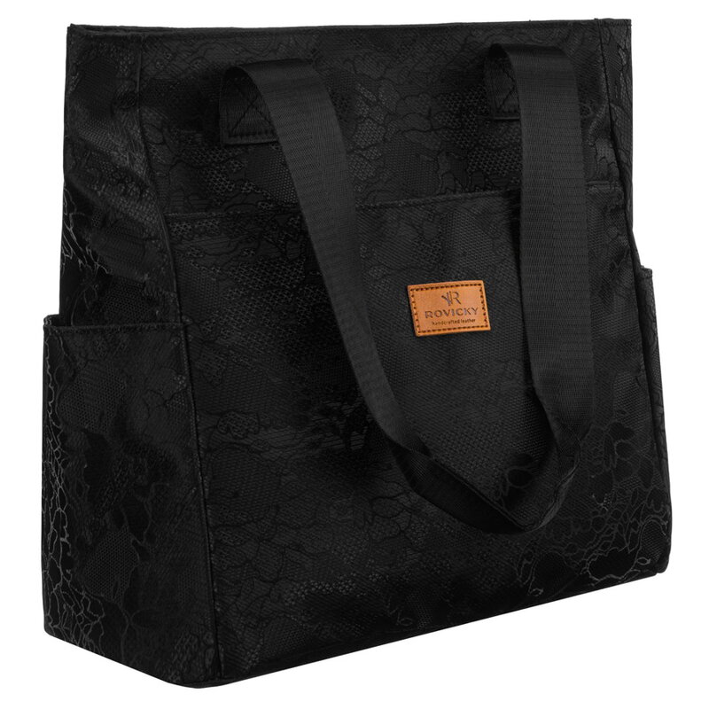 Czarny shopper damski z poliestru zawieszony na wygodnych uchwytach z zewnętrzną kieszonką na suwak - Rovicky Czarny shopper damski z poliestru zawieszony na wygodnych uchwytach z zewnętrzną kieszonką na suwak - Rovicky