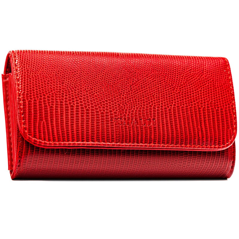 Czerwony, poziomy portfel damski ze skóry ekologicznej zamykany zatrzaskiem - 4U Cavaldi
