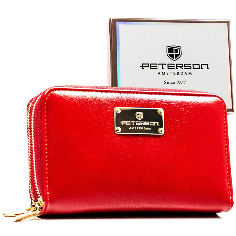 Czerwony portfel damski w typie piórnika ze skóry ekologicznej wyposażony w system RFID - Peterson