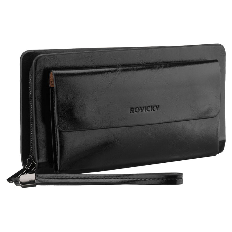 Saszetka męska ze skóry ekologicznej w czarnym kolorze, dwukomorowa - Rovicky