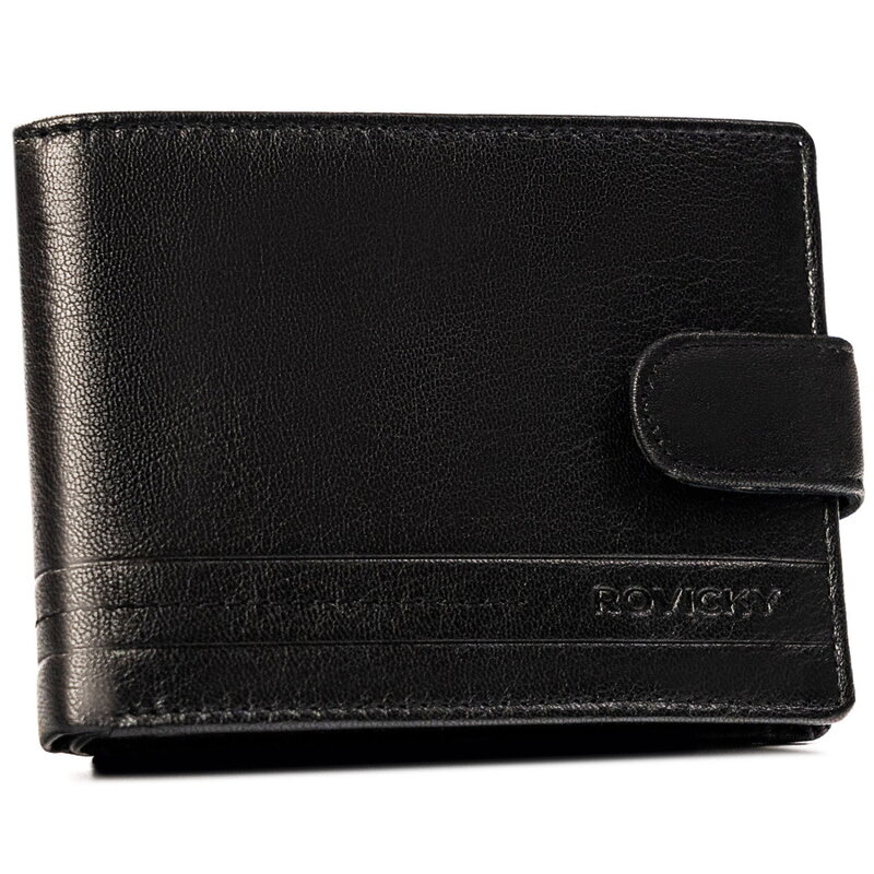 Duży, skórzany portfel męski w czarnym kolorze wyposażony w system RFID, zamykany zatrzaskiem - Rovicky