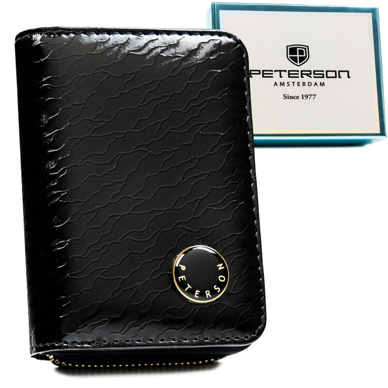 Mały portfel damski w czarnym kolorze zamykany na zatrzask i suwak, wykonany ze skóry naturalnej i ekologicznej - Peterson