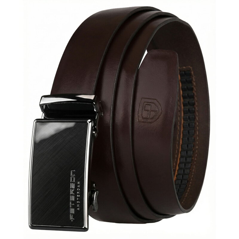 Pasek męski ze skóry naturalnej w ciemnobrązowym kolorze z automatyczną klamrą - Peterson