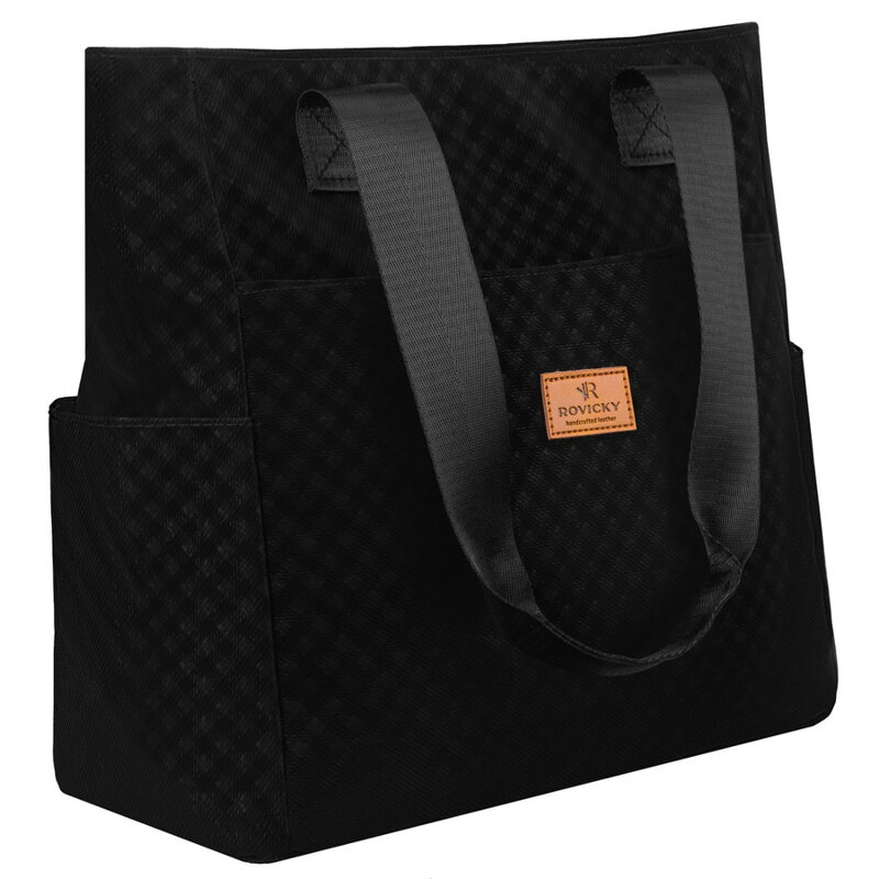 Czarny shopper damski z poliestru pokrytego geometrycznym wzorem - Rovicky Czarny shopper damski z poliestru pokrytego geometrycznym wzorem - Rovicky
