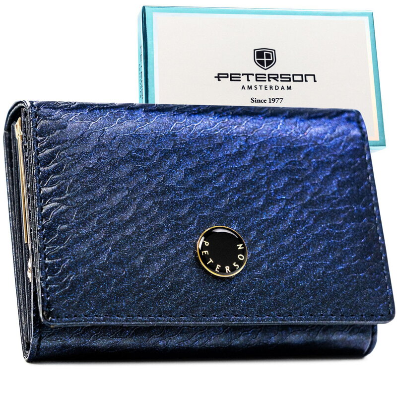 Niebieski, średni portfel damski zamykany na zatrzask, wykonany ze skóry naturalnej i ekologicznej - Peterson