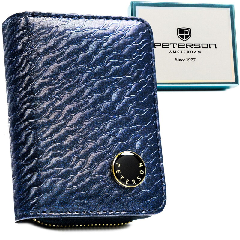 Niebieski, mały portfel damski zamykany na zatrzask i suwak, wykonany ze skóry naturalnej i ekologicznej - Peterson