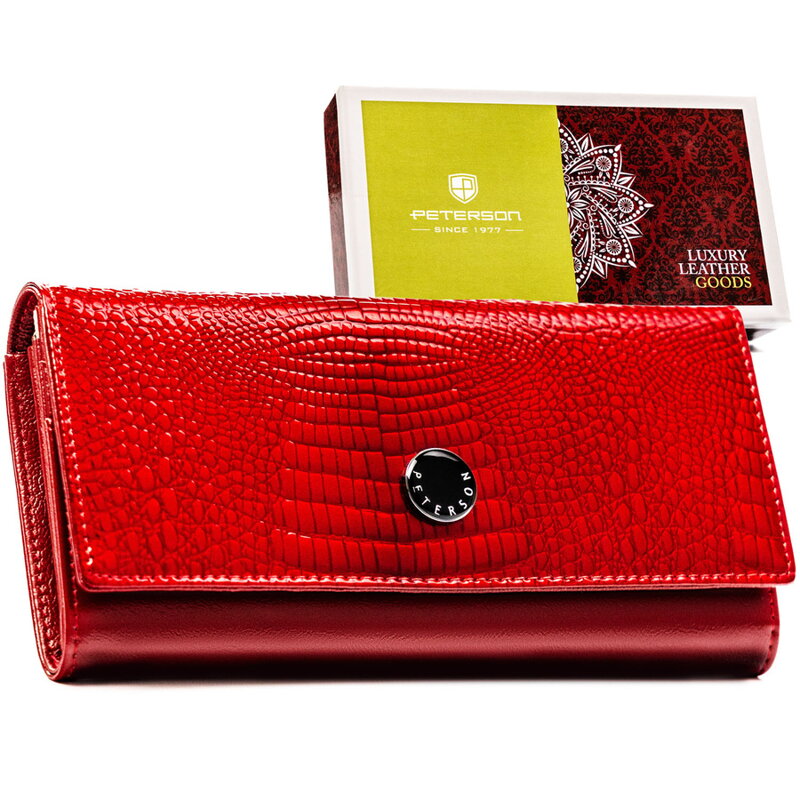 Czerwony portfel damski ze skóry naturalnej z tłoczeniem na wzór skóry krokodyla - Peterson
