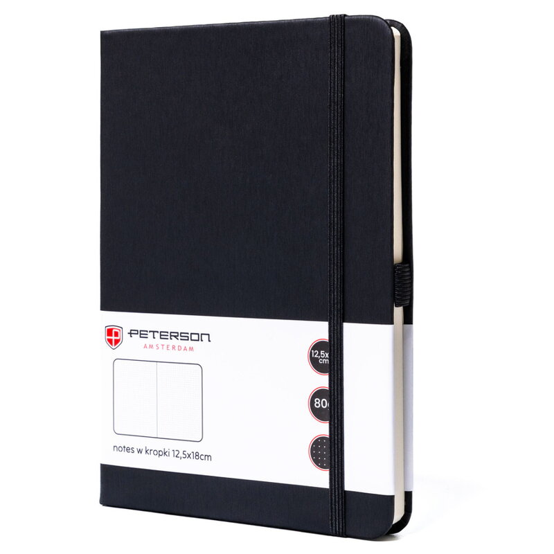 Czarny notes w formacie B6 zadrukowany w kropki, wyposażony w gumkę zamykającą - Peterson