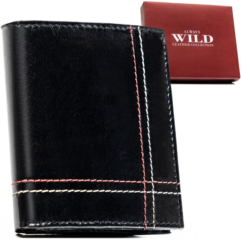 Skórzany, pionowy portfel męski w czarnym kolorze z systemem RFID bez zapięcia - Always Wild