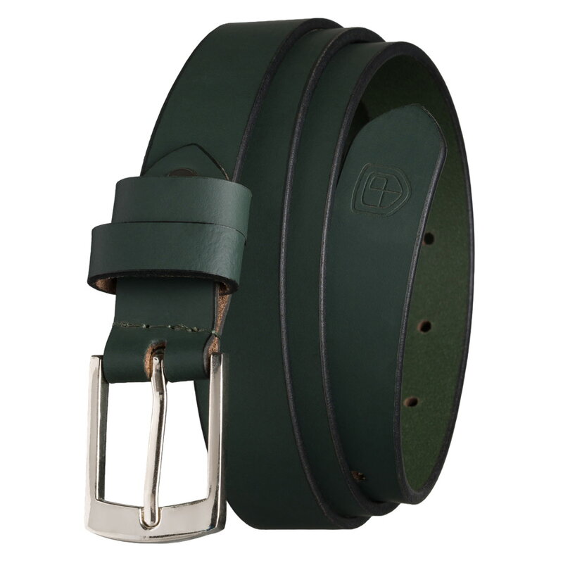 Skórzany, zielony pasek damski ze srebrną, klasyczną klamrą - Peterson