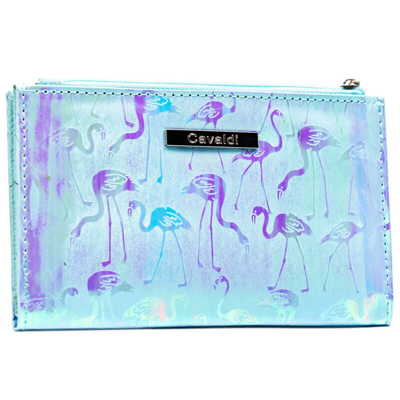 Duży portfel damski wykonany ze skóry ekologicznej w błękitnym kolorze ze wzorem we flamingi - 4U Cavaldi
